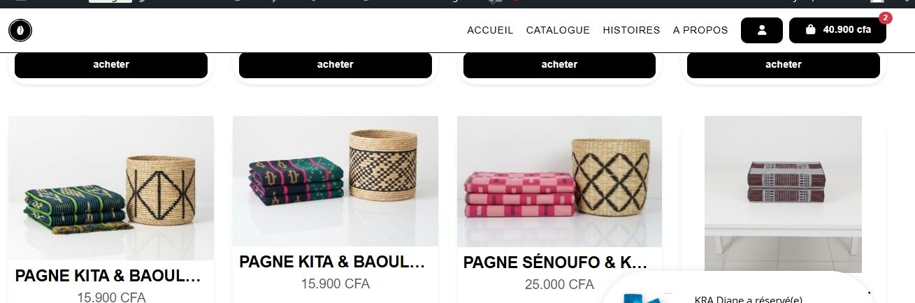 Capture d'écran montrant la sélection de produit sur L'ArtisanCIV