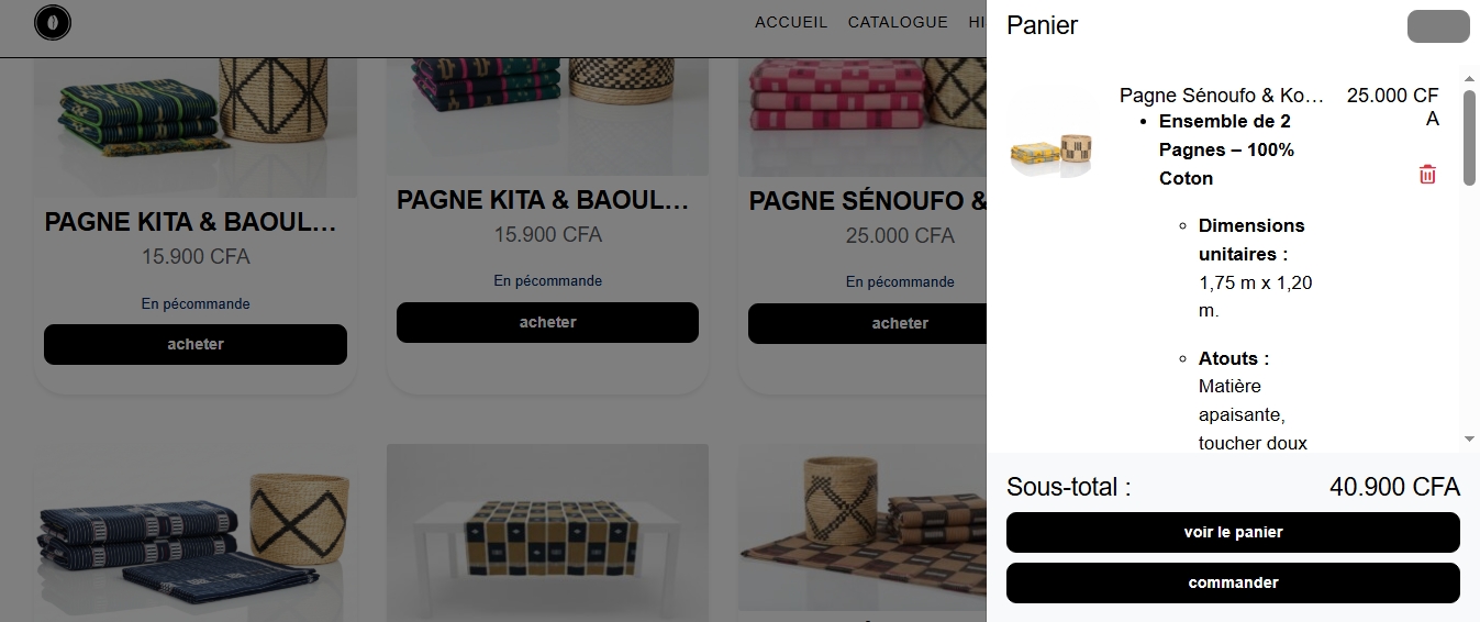 Capture d'écran montrant l'ajout au panier sur L'ArtisanCIV