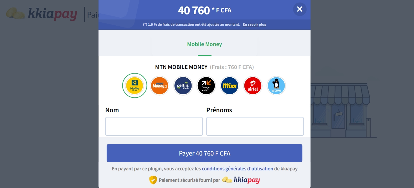 Capture d'écran montrant le paiement sécurisé KkiaPay